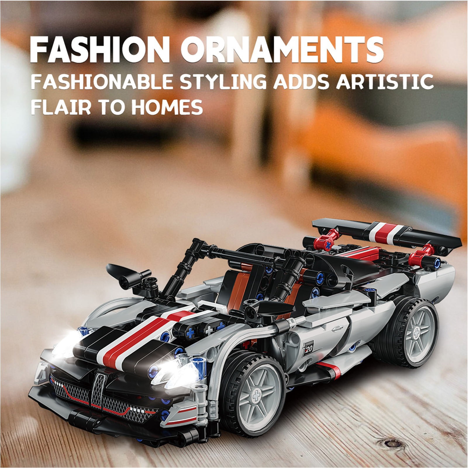 Cacagoo 520 PCS 1:18 Sports Car Building Blocks, DIY Vehicle Model Car, Cool Race Car Brick Kit with Light & Openable Door