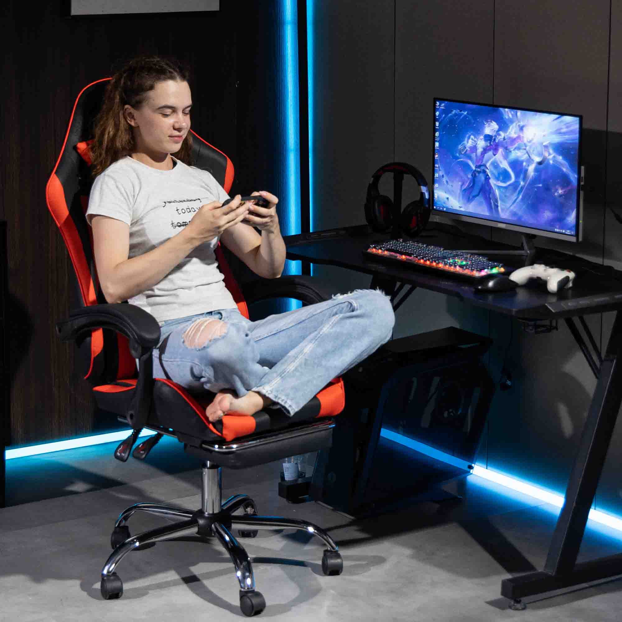 WENTUM Gaming Chair with Massage Lumbar Support - Ergonomic Video Game Chair for Adults, Adjustable Headrest & Footrest, 90-135° Recline, 360° Swivel, Red