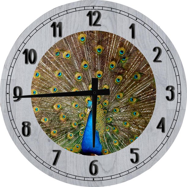 Wood Wall Clock 18 Inch Round Peacock Feather Wall Art for Living Room