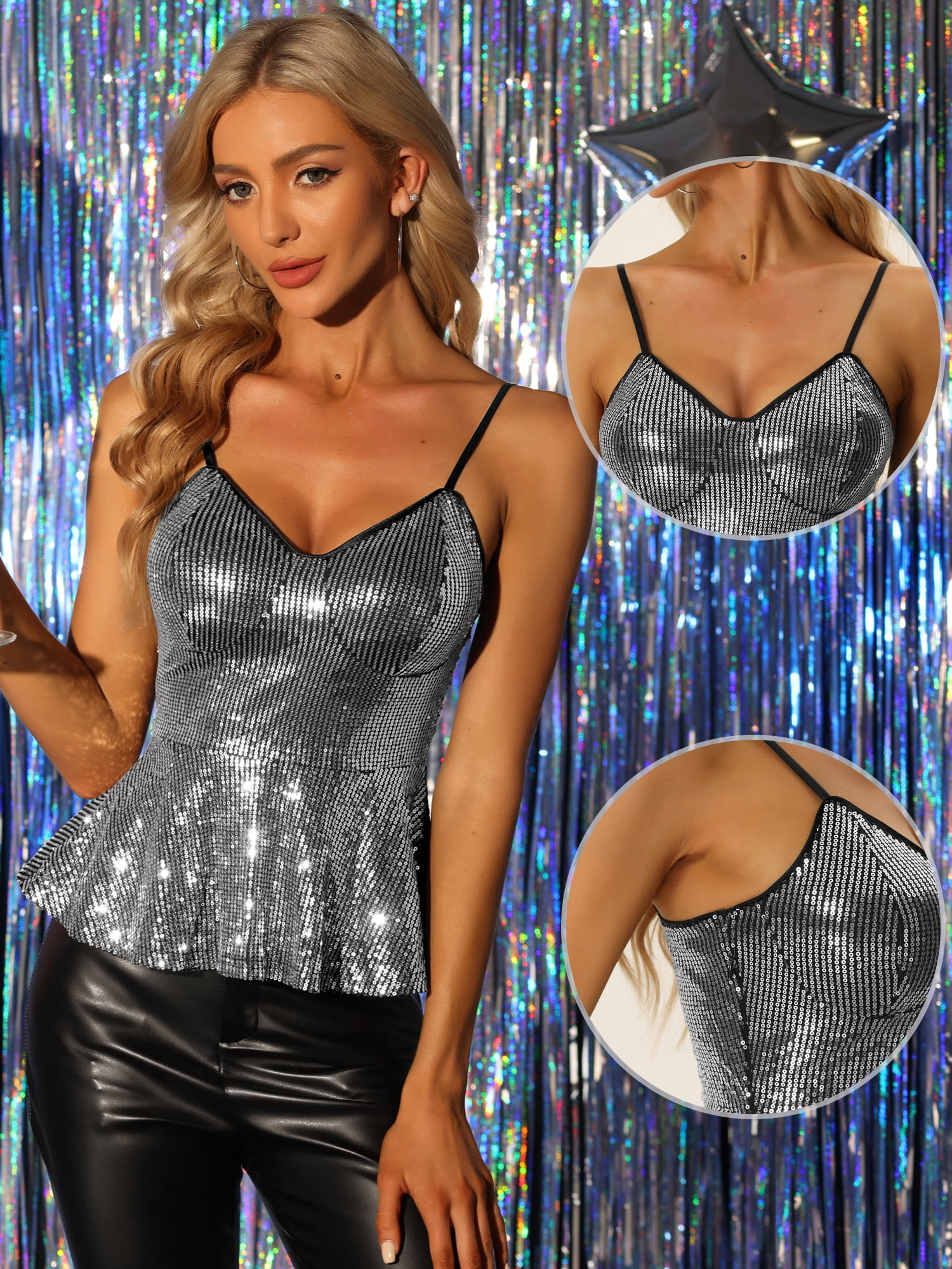 DARING DIVA Women's Spaghetti Strap Ruffles Peplum Sequin Tank Top S Black