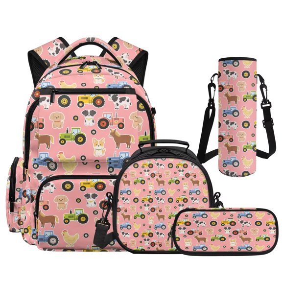 Pzuqiu Pink Farm Tractor 4-Piece Girls Backpack Set - 17 Inch Large Capacity Schoolbag with Insulated Lunch Box Pencil Case Water Bottle Holder Bookbag for Girls 10-12 Elementary Middle School