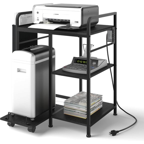 Home Printer Stand with Charging Station, 24x18 Inches Stands for Large Printer, Printer Shredder Stand with Storage for Home Office, Table for Fax Machine/PC Tower (Black)