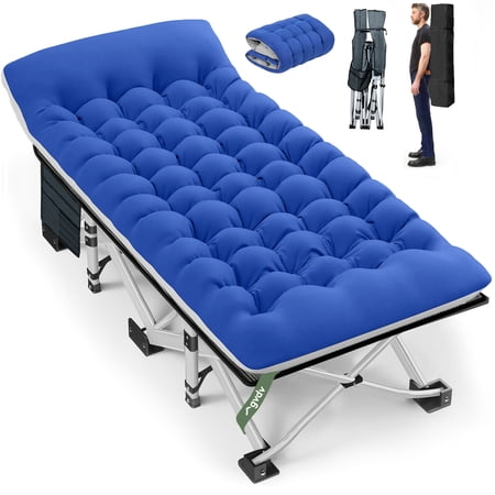 gvdv folding camping cot for adults with 2 sided mattress - 75" x 28" cot, 1200d oxford portable cot bed with carry bag for camp travel guest, blue