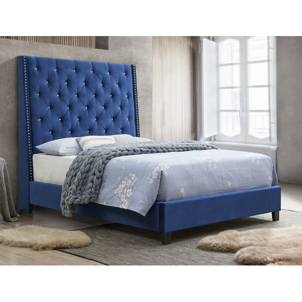 Elegant Contemporary Upholstered 1pc, Blue Bed Frame King