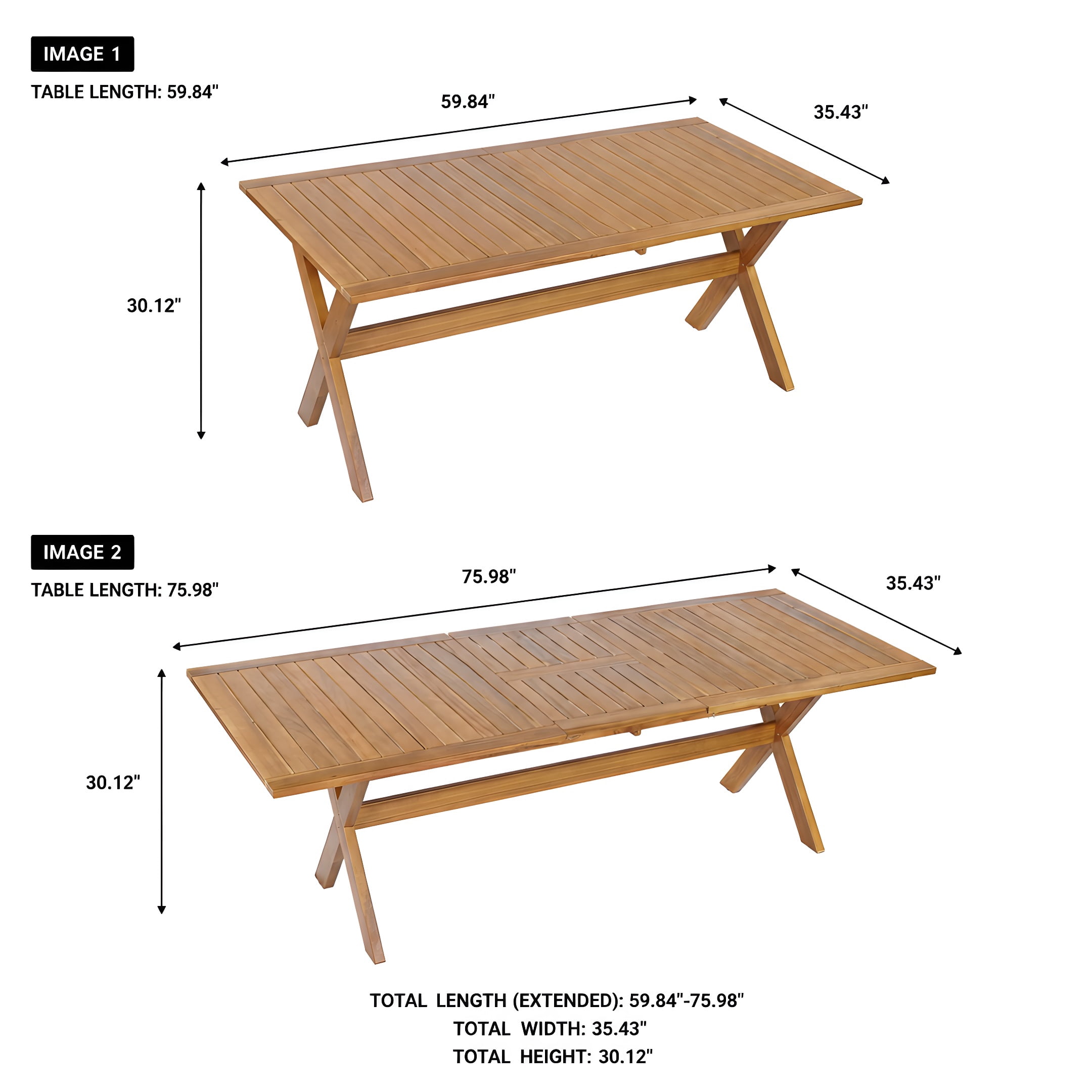 60"-76" Acacia Wood Outdoor Dining Table, Telescopic Table Ideal for Patio & Garden Gatherings