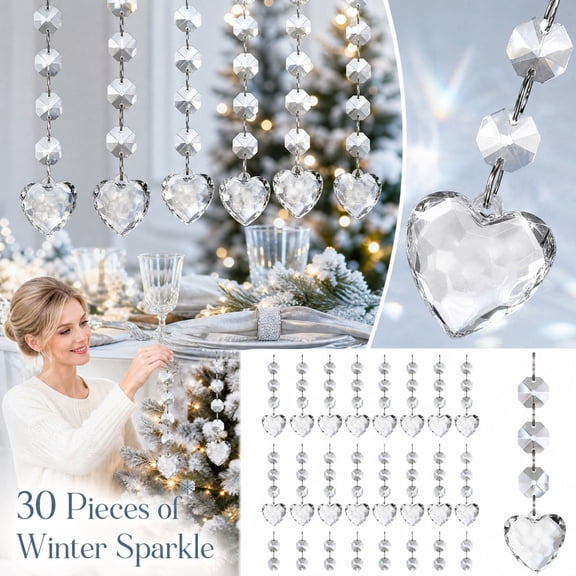 30-Pack Clear Crystal Heart Garland Decorations with Octagon Beads, 4.7 Inches Long, Transparent Acrylic Hanging Ornaments for Valentines Day and Wedding Party