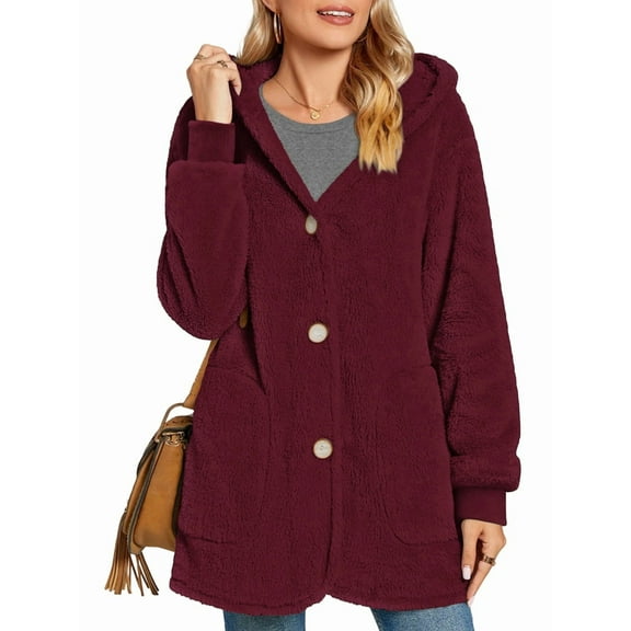 Warm Fleece Jackets for Women, Fuzzy Hooded Casual Coats Cardigan Sweaters Outerwear with Pockets Wine Red XXL
