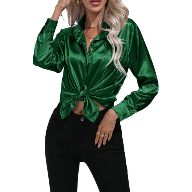 Innerwin Shirts Long Sleeve Ladies Tunic Tops Office Button Down Soft Blouse Blackish Green L