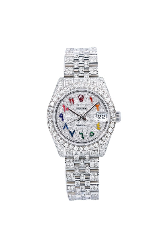 Pre-Owned Rolex Datejust 31MM 178240 Diamond Paved Rainbow Eastern Arabic Dial Diamond Bezel Stainless Steel Full Diamond Jubilee Bracelet