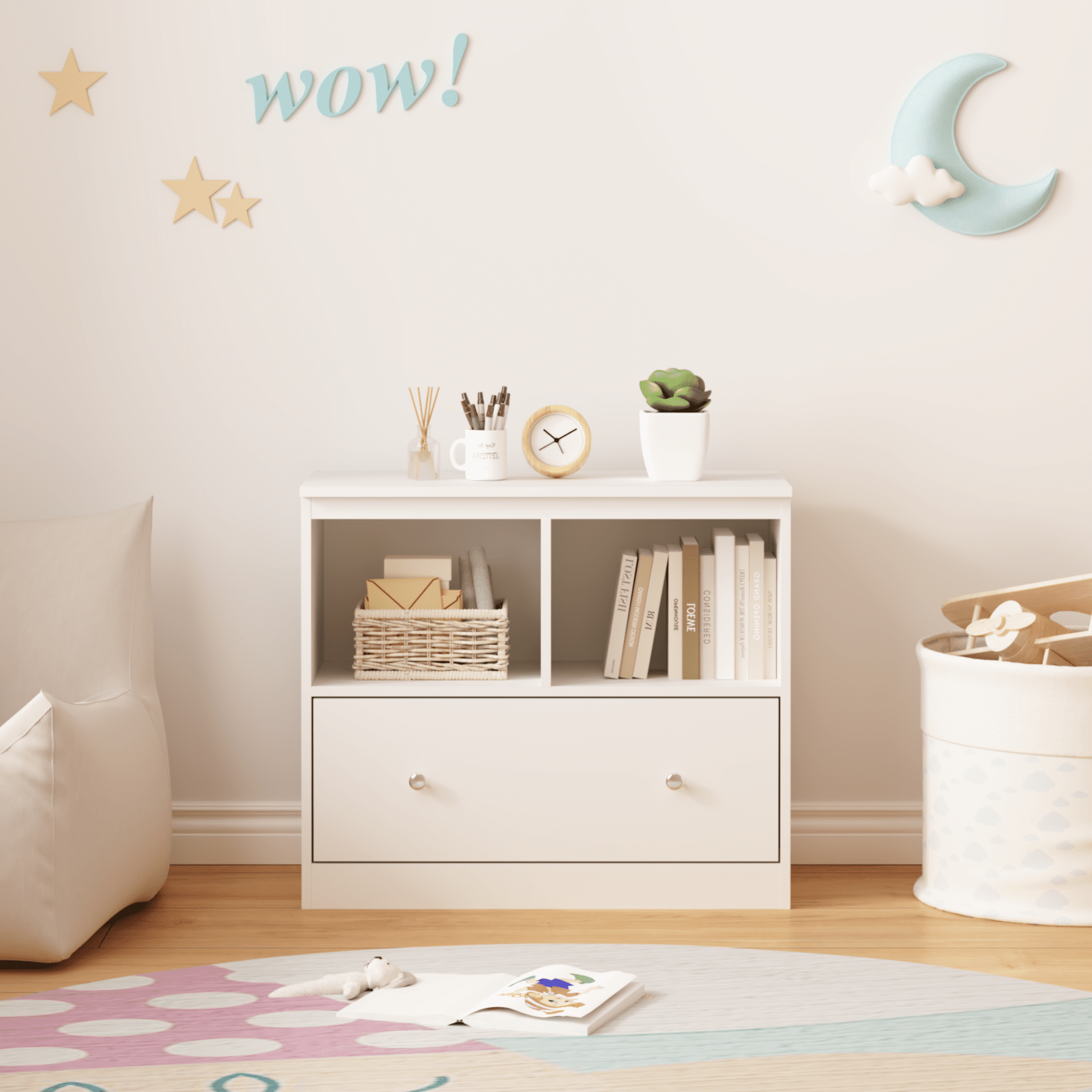Wooden Kids Toy Storage Organizer, Low Bookshelf Cabinet with Large Drawer, P2 MDF Storage Unit with Anti-Tip Kit, Rounded Edge Design for Nursery Playroom Bedroom