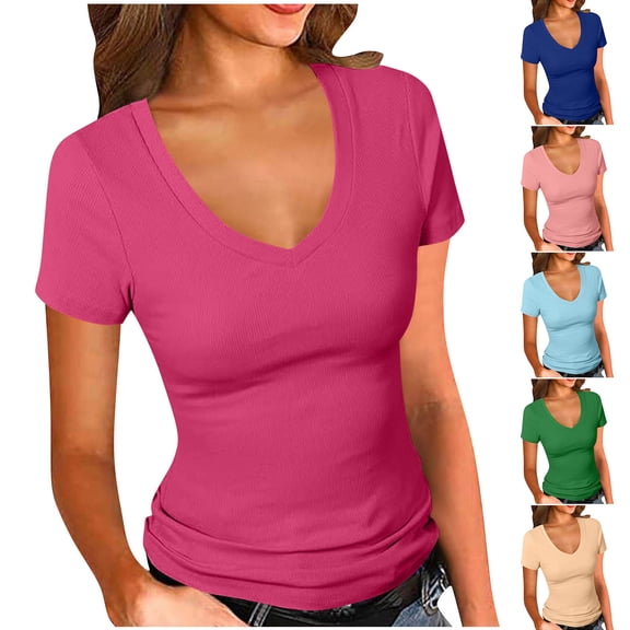 Felirenzacia Women's V Neck Short Sleeves Summer Pullover Tee Tops Slim Fitted Solid Bussiness Casual T Shirt Hot Pink,L