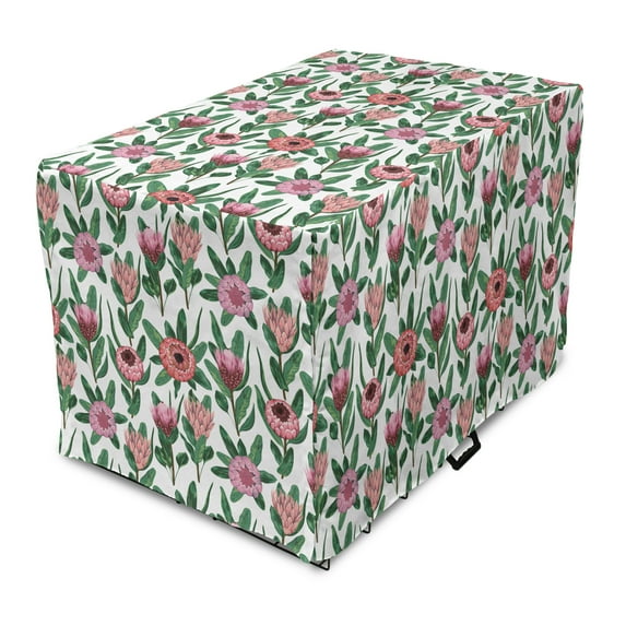 Vintage Botany Dog Crate Cover, Protea Flowers with Leaves Spring Time Vibes Repetition, Easy to Use Pet Kennel Cover Small Dogs Puppies Kittens, 7 Sizes, White Dried Rose and Green, by Ambesonne