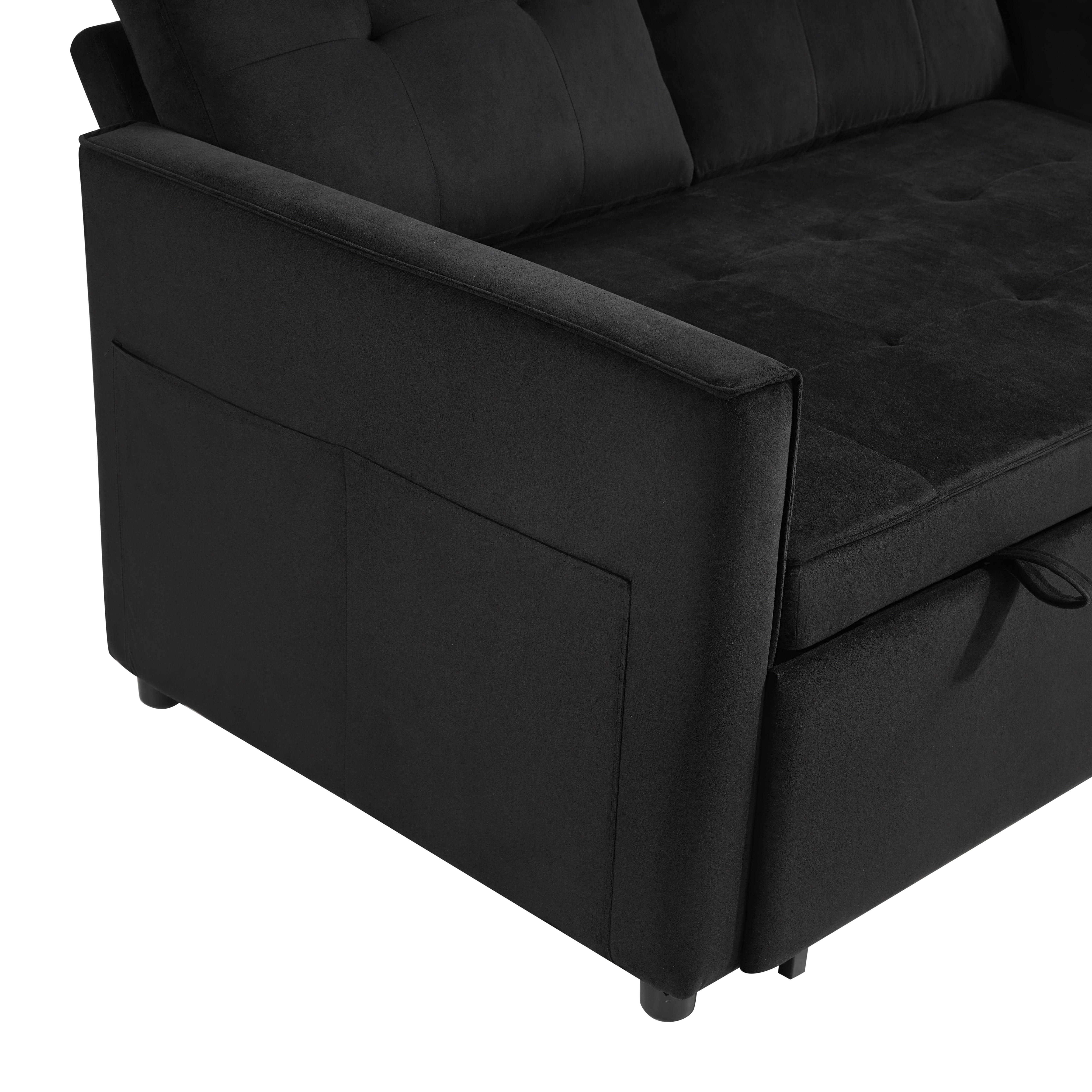BSHTI 3-in-1 Convertible Sleeper Sofa Bed – Modern Pull-Out Loveseat with Adjustable Backrest, Velvet Upholstery, Side Storage Pockets, for Apartments & Small Spaces, Black