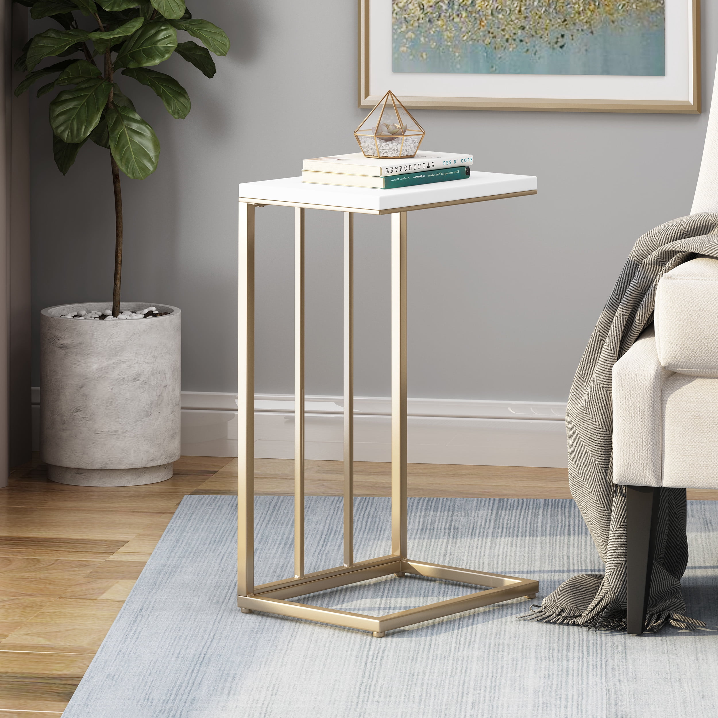 Noble House Miguel Modern Glam Faux Wood End Table, White, Champagne Gold