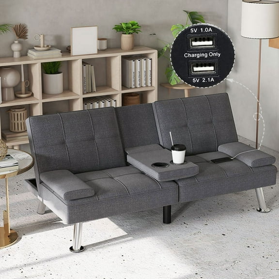 Bonzy Home Futon Versatile Sofa Bed with Cup Holders USB Port Foldable 2-Seater Guest Bed for Living Room Gray
