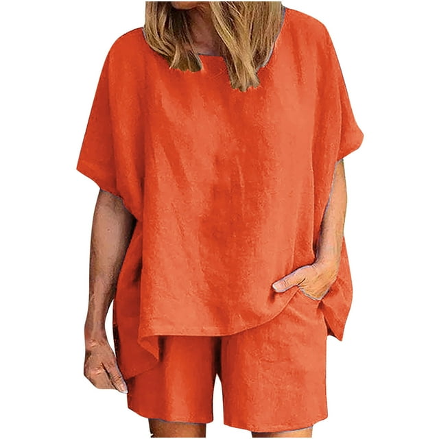 Yuyuzo Ensemble 2 Pcs pour Femmes en Lin, Haut à Manches Courtes Col Rond Oversize Taille Haute avec Poches
