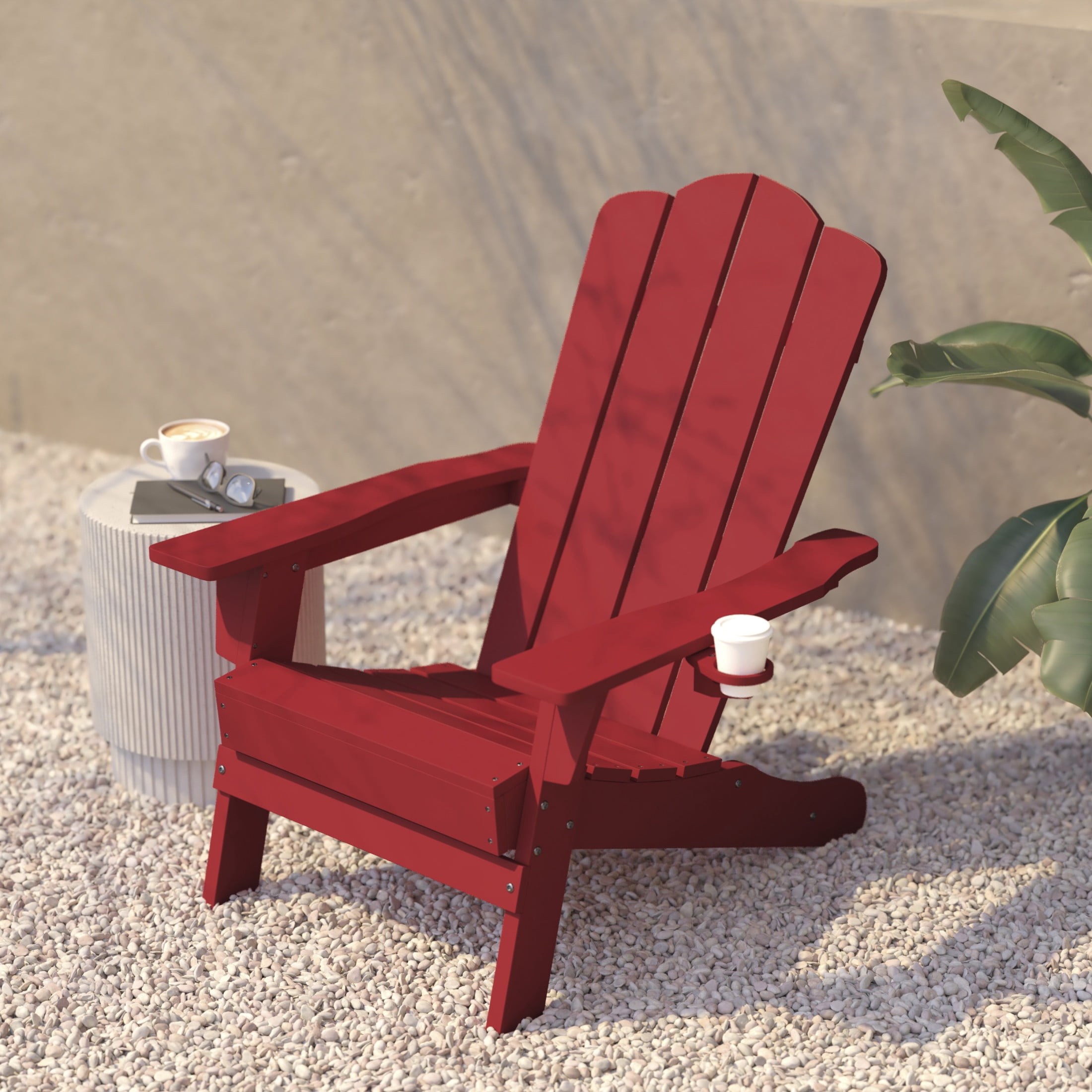 BizChair Adirondack Chair with Cup Holder, Weather Resistant HDPE Adirondack Chair in Red, Set of 4