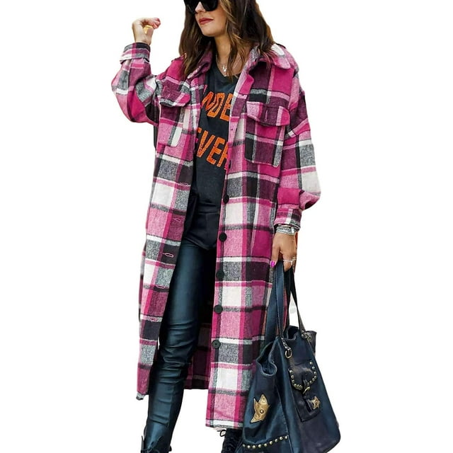 GHSDFBB Women's Lounge Lapel Button Up Long Sleeve Plaid Long Shirt Jacket Shacket
