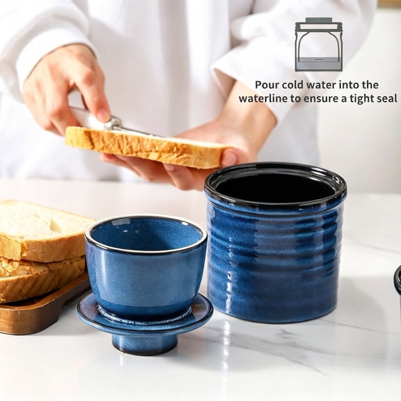 Tikooere Ocean Blue Ceramic Butter Crock, 4.4 in French Butter Keeper with Water Line, Countertop Spreadable Butter Dish