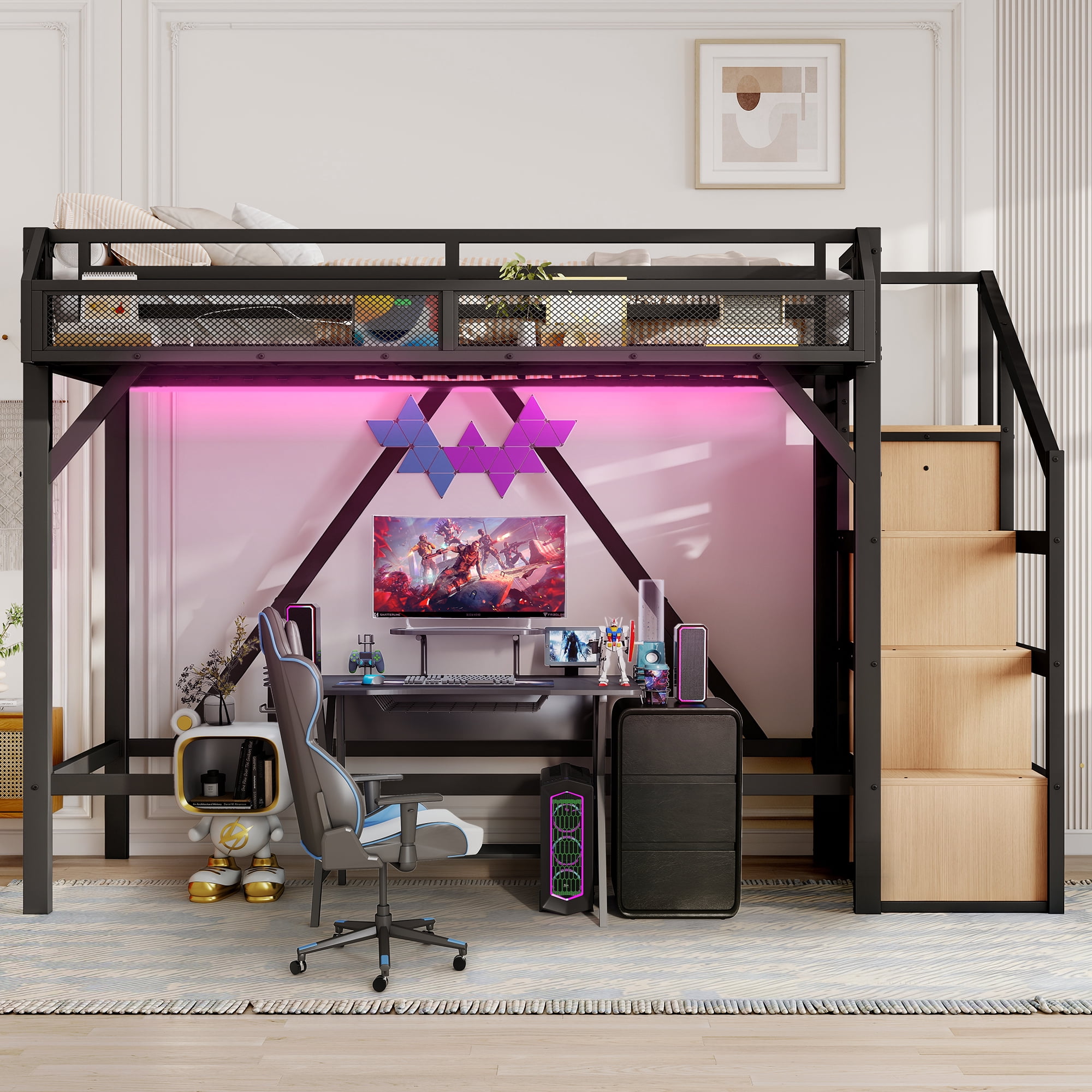 Aukfa Twin XL Metal Loft Bed with Storage Stairs, Shelves, Wardrobe, USB Ports & LED Lights, Heavy-Duty Bed Frame for Adults & Kids, Black