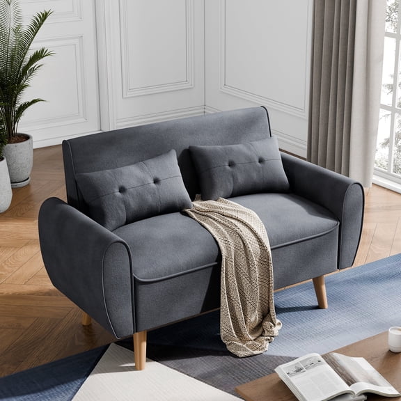 Walsunny 47" Loveseat Couch Sofa, 2-Seat Fabric Upholstered Sofa with 2 Removable Pillows, Love Seat Couch, Wood Leg, Dark Grey
