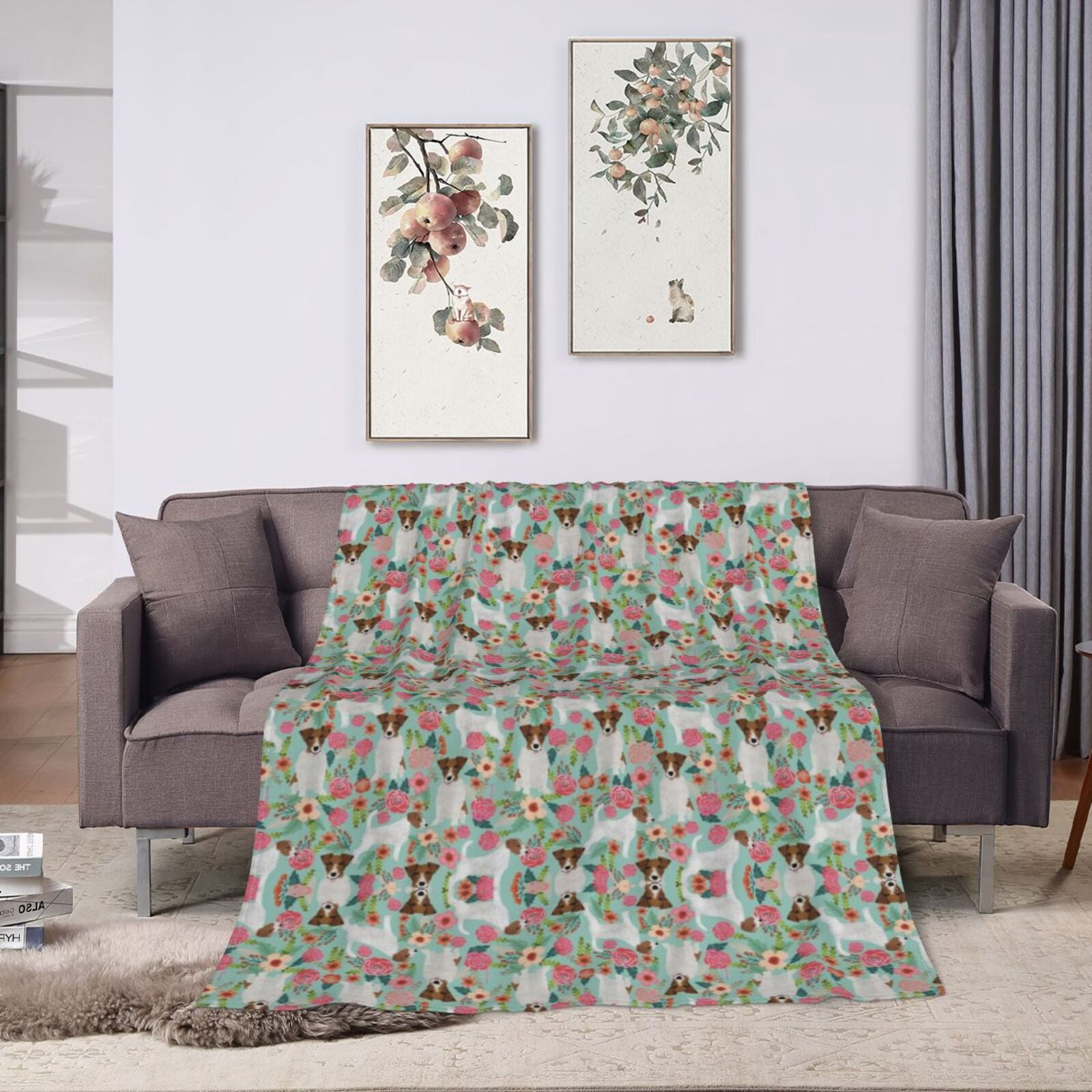 Wijzvio Jack Russell Terrier Dogs Rose Flower Floral Throw Blanket Soft Fuzzy Fleece Blanket For Couch Bed Living Room Decoration 50"X40"
