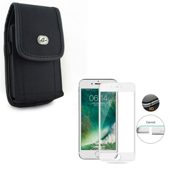 Compatible With iPhone 8 7 6S 6 - Black Vertical Rugged Canvas Case w 5D Tempered Glass Screen Protector