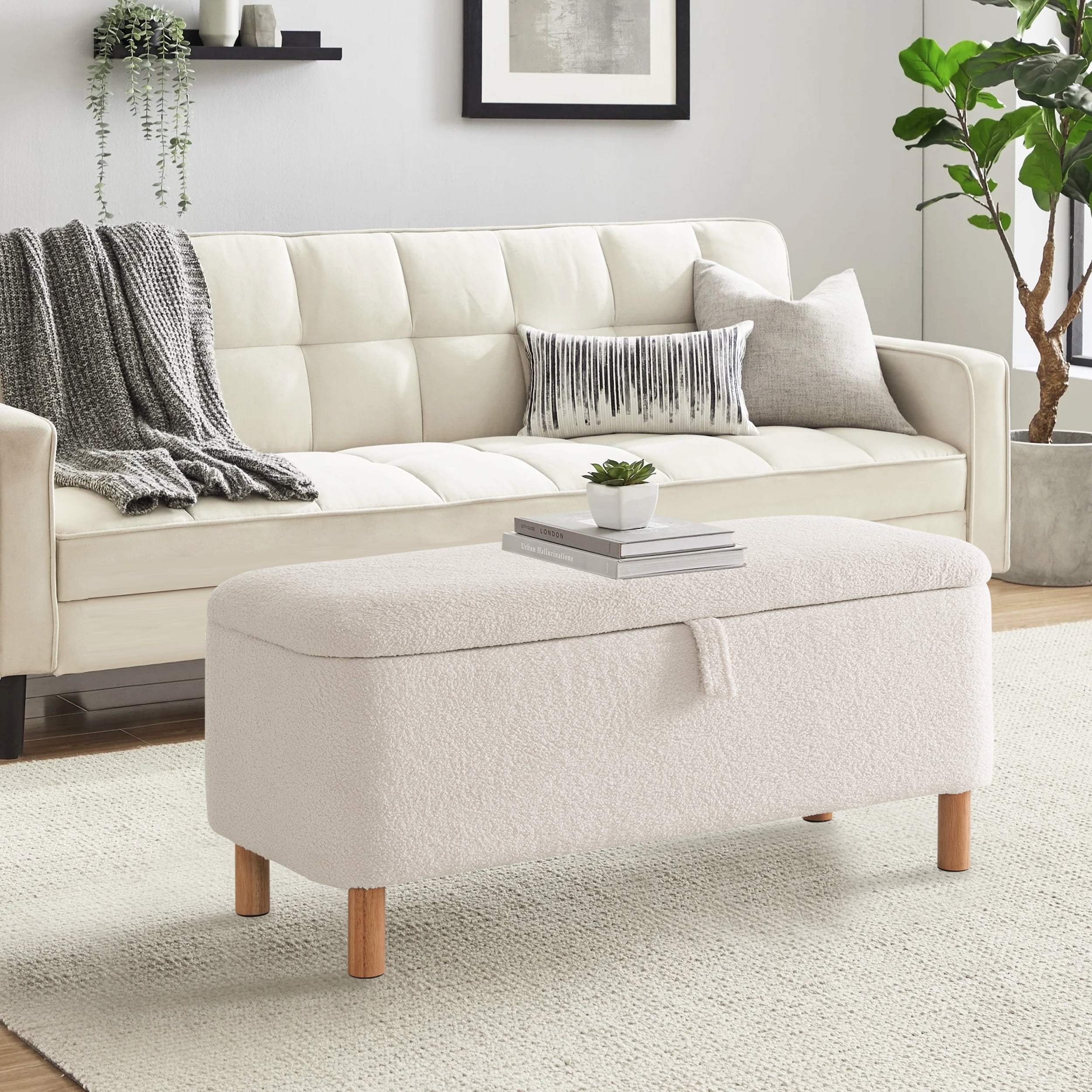 Othniel 39.5" White Boucle Storage Ottoman Bench Wood Legs Modern Footrest for Living Room Bedroom