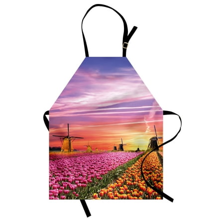 Orange Windmill - Nature Apron Tulip Fields and Windmills in European Landscape with a Sunset Sky View, Unisex Kitchen Bib Apron with Adjustable Neck for Cooking Baking Gardening, Orange Pink Purple, by Ambesonne