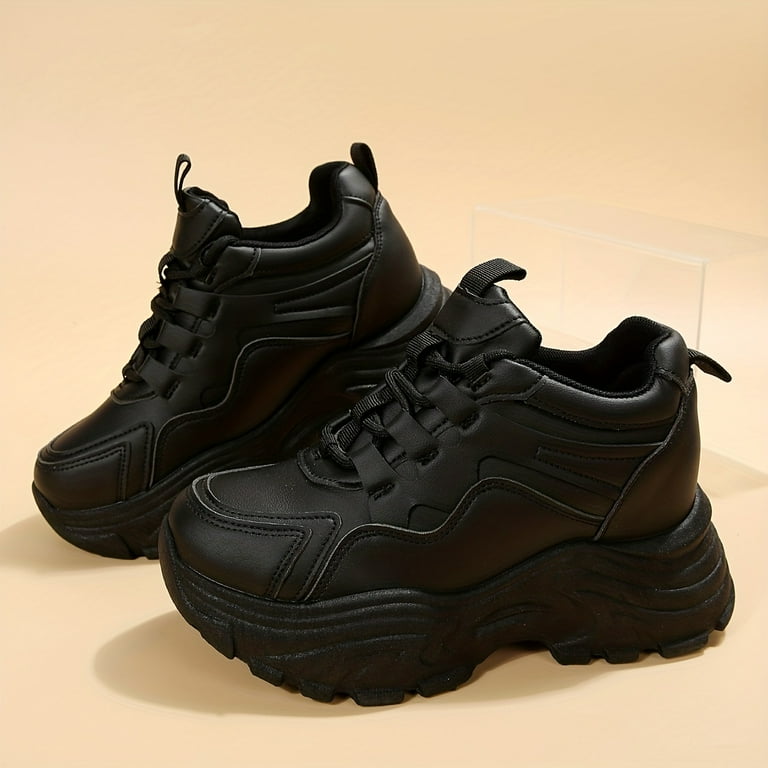Women's Platform Chunky Sneakers, Solid Color Lace Up Height