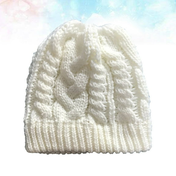 Raindrops Winter Hat White Knitted Ponytail Hat for Woman Stylish and Warm