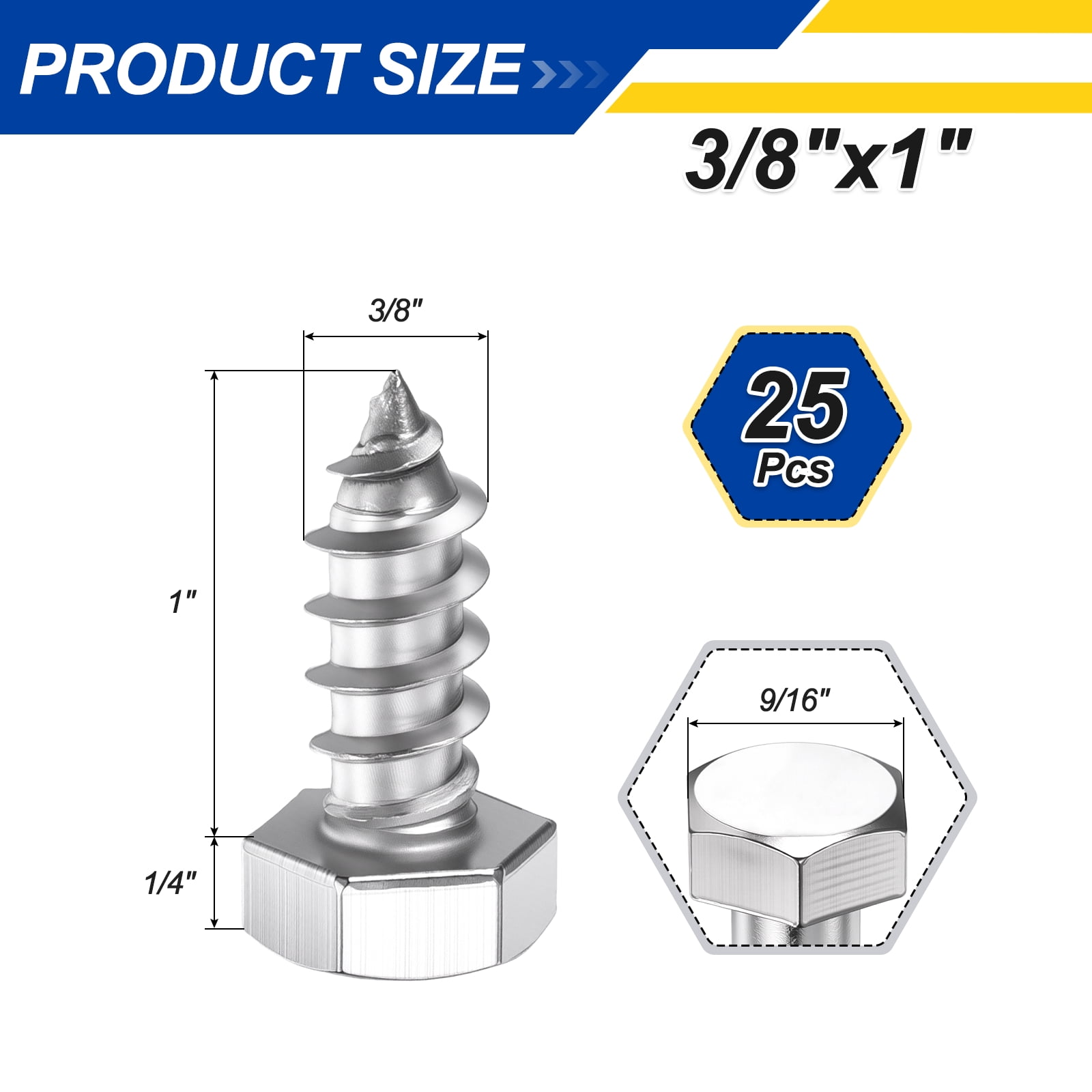 Uxcell 25 Pcs Hex Head Lag Screws - 3/8"x1" Stainless Steel 18-8 (304) Lag Bolts Hexagon Head Heavy Duty Wood Screws for Wood, Decks, Fences, Furniture, Silver