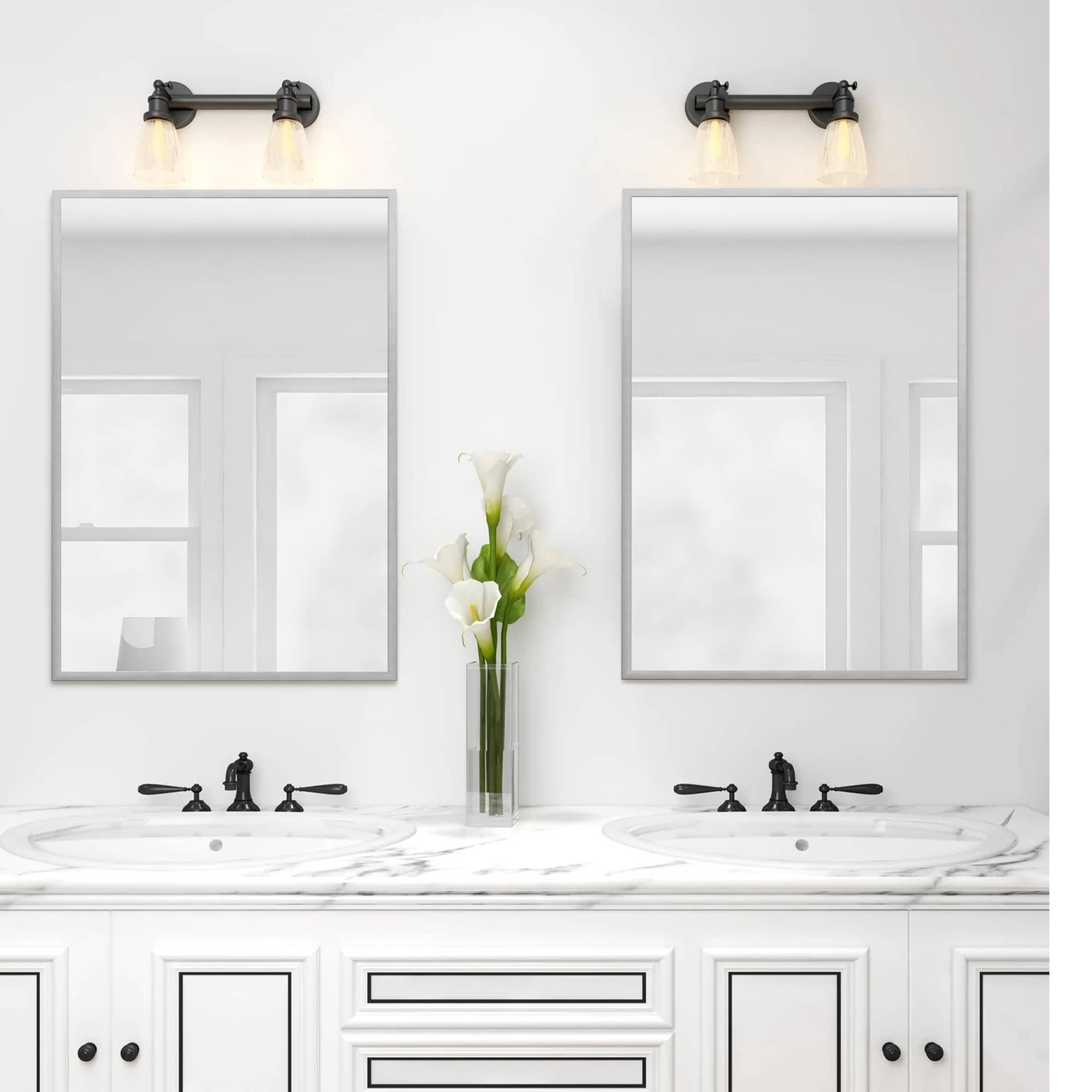 MAYEERTY 36"x24" Aluminum Alloy Rectangular Hanging Mirror, Mid-Century Bathroom Mirror, Silver