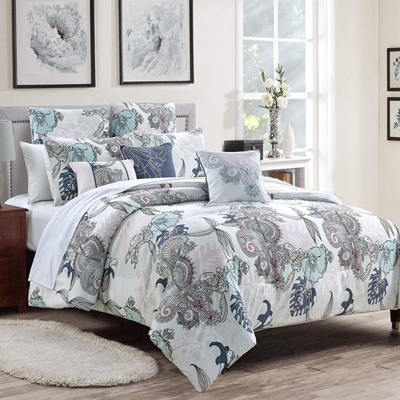 Sapphire Home Luxury 7 Piece King/Cal-King Comforter Set with Shams and Cushions, Multicolor Floral Paisley Pattern, Bed Cover Bed in a Bag, 21788, King/Cal-King