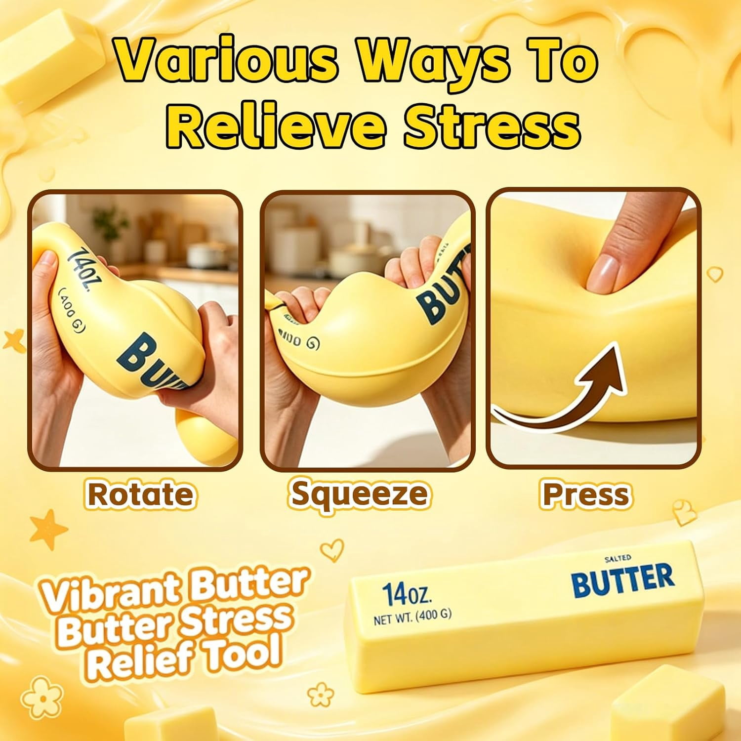 Big Butter Squishy, Giant Squishies Butter 14OZ, Jumbo Slow Rising Squeeze, Large Soft PU Foam Fidget for Anxiety & Sensory Stress Relief 9.8 Inch (Big-Yllow Butter 1 Pack)