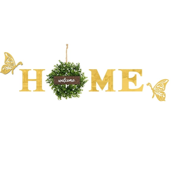 Golden Mirror Like Reflective Acrylic Home Letters Decor Home Sign Wall Stickers Featuring Faux Money Star Bud Leaves Wreath with Wooden Welcome Sign