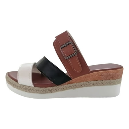

Jungdeepe Ladies Summer Casual Colour Blocking Soft Leather Woven Straw Bottom Thick Bottom Slope Heel Large Size Sandals Slippers