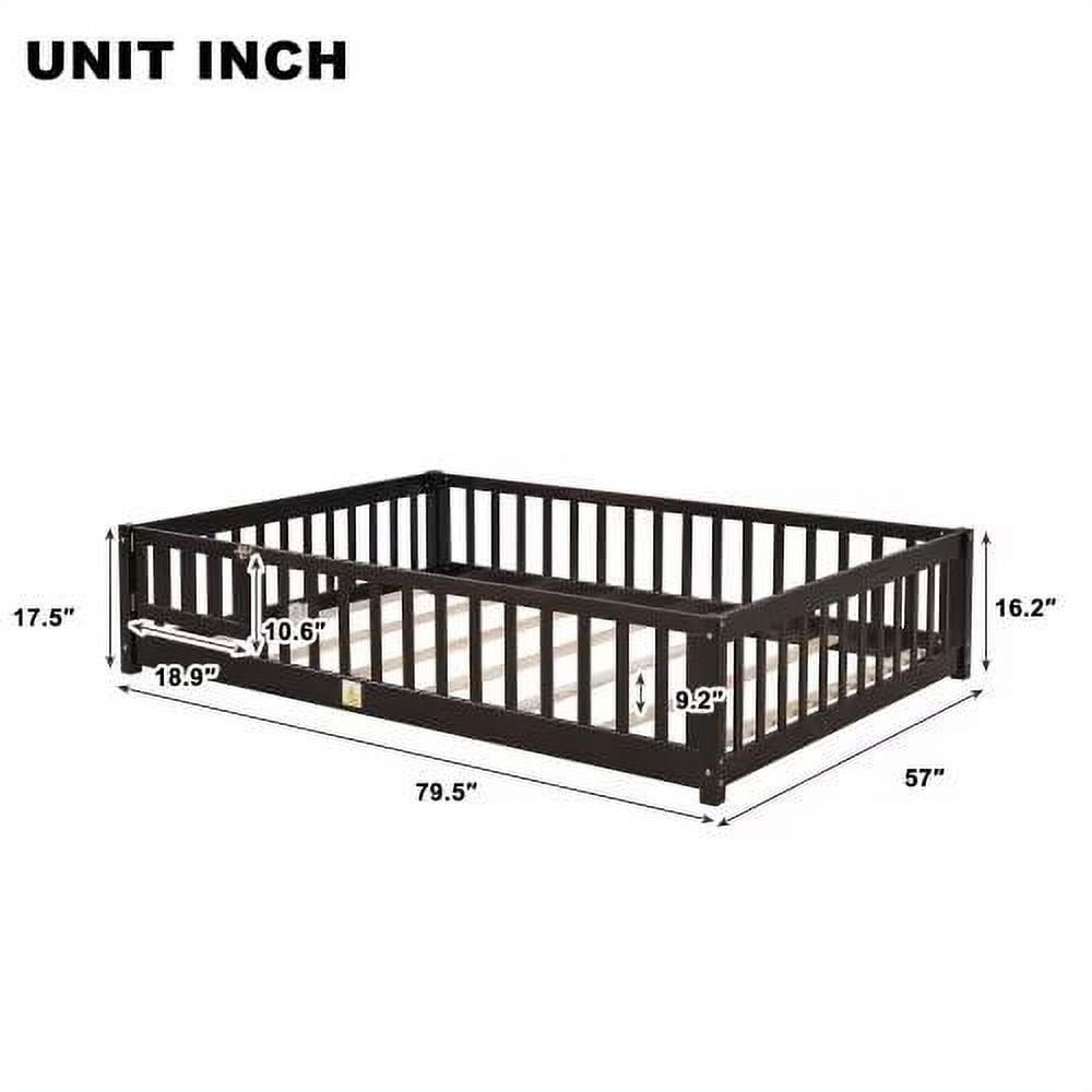 Full Size Floor Bed for Kids, Wood Full Montessori Bed Frame with Fence Guardrails and & Support Slats, Full Playhouse Bed with Door Design, Kids Fence Bed Playpen Bed for Boys ,Girls, Expresso
