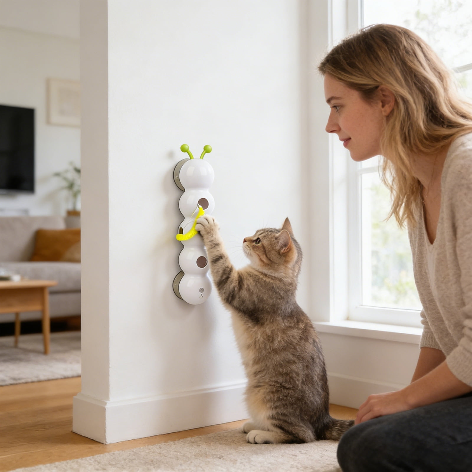 Interactive Cat Toy with Suction Cup – 3-Piece Moving Caterpillar for Indoor Cats, Wall/Glass/Desk Mount, BPA-Free & Silent Motion
