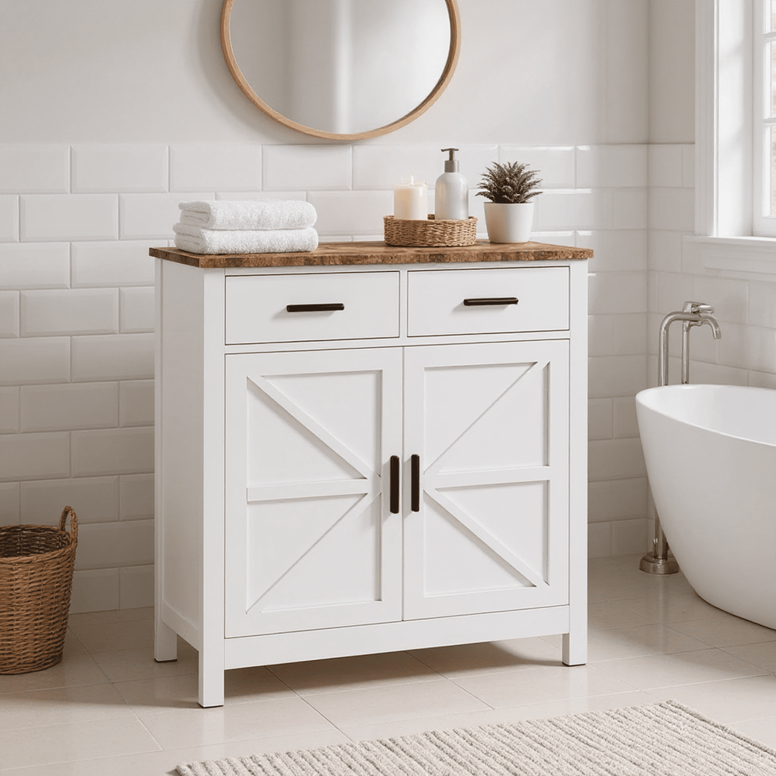 Homy Casa Farmhouse Storage Cabinet with 2 Drawers and Double Doors, Buffet Sideboard for Kitchen, White