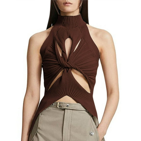 Wycnly Summer Tank Tops Solid Half High Neck Sleeveless T Shirts for Women Sexy Cut-out Off Shoulder Going Out Knitted Vest Brown m Under $5