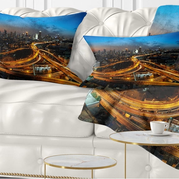 Designart Illuminated Highway in Bangkok - Cityscape Throw Pillow - 12x20