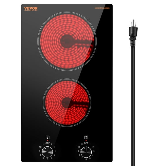 VEVOR Electric Cooktop, 12 inch 2 Burners Built-in Electric Stove Top, 1800W Ceramic Top Radiant Cooktop, with Glass Panel, Knob Control, 11 Heat Levels, 120V, for Diverse Cooking Requirements