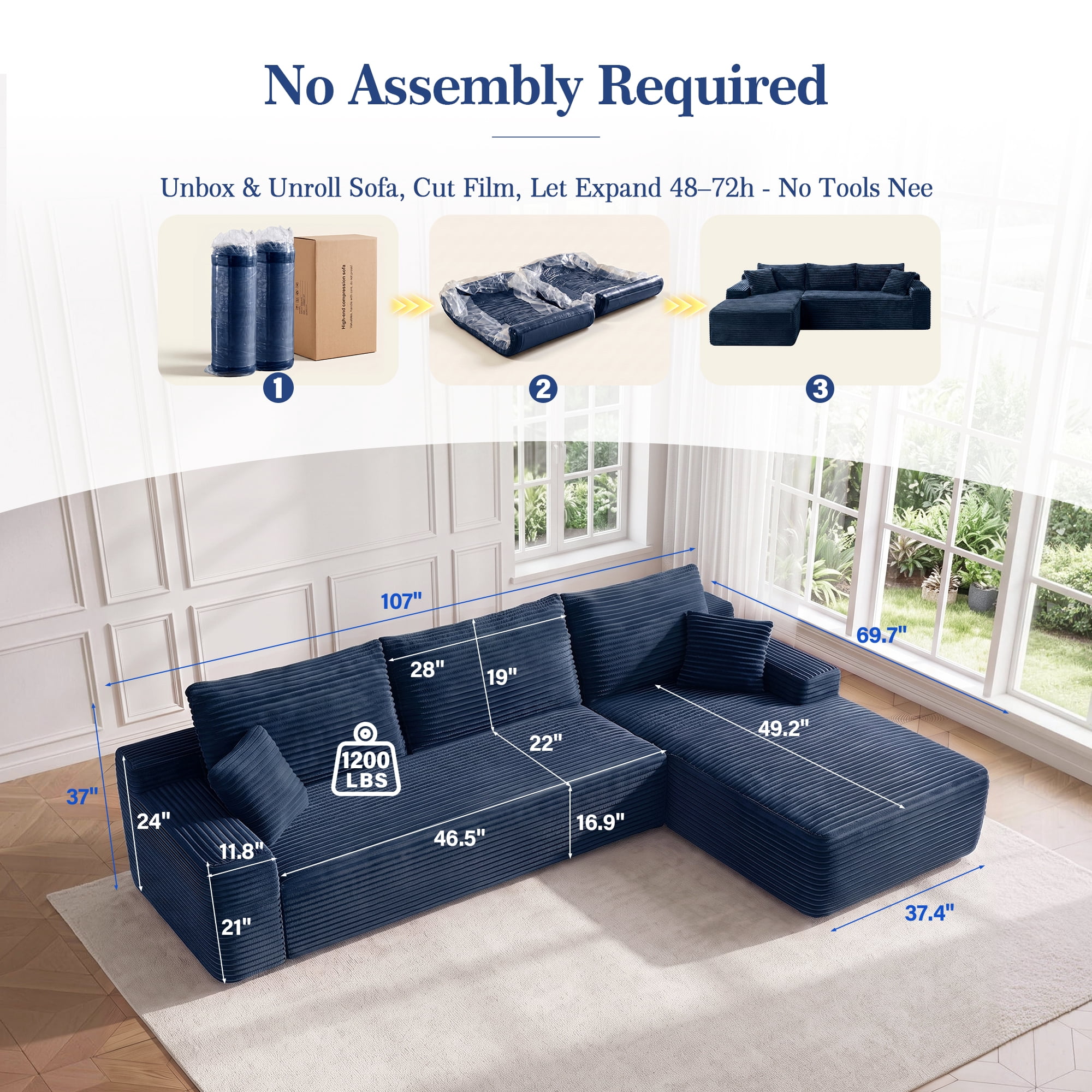 Aukfa 107" Boneless Modular Sectional Sofa, L-Shaped Corduroy Couch with Deep Seat and Right-Facing Chaise for Living Room, Blue
