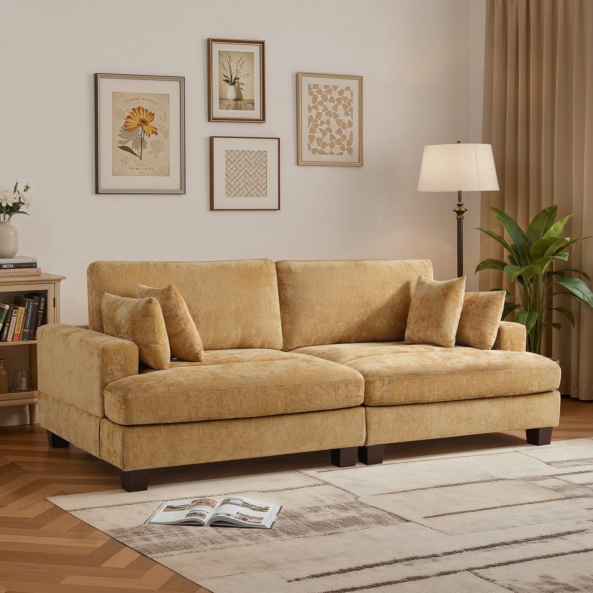 Dycanpo 3 Seater Corduroy Sectional Sofa with Pillow, 88" Upholstered Yellow Couch, Loveseat Sofa for Living Room, Yellow