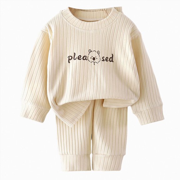 CAUYDY Toddler Boy Pjs Child Clothes 24M 2T 3T 4T 5T Fall Winter Long Sleeve Top Elastic Pants 2 Piece Cute Set Baby Sleepwear Little Kids Outfits for Boys Sizes 2-3 Years,Beige