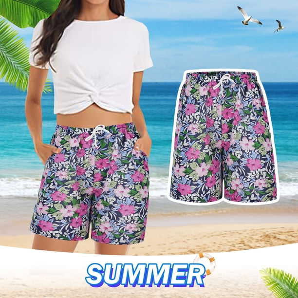 MKLEKYY Pantalones Cortos de Mezclilla para Mujer, Pantalones Cortos Casuales de Verano para Playa, Cómodos Pantalones Cortos con Cintura Elástica y Estampado Floral con 2 Bolsillos