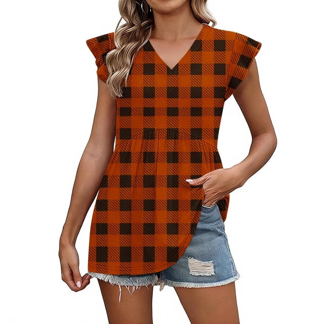 Craaazy Womens Casual V-Neck Ruffle Sleeve Top with Polka Dot Ombre Plaid Prints for Brunch and Vacation Outfits Gifts