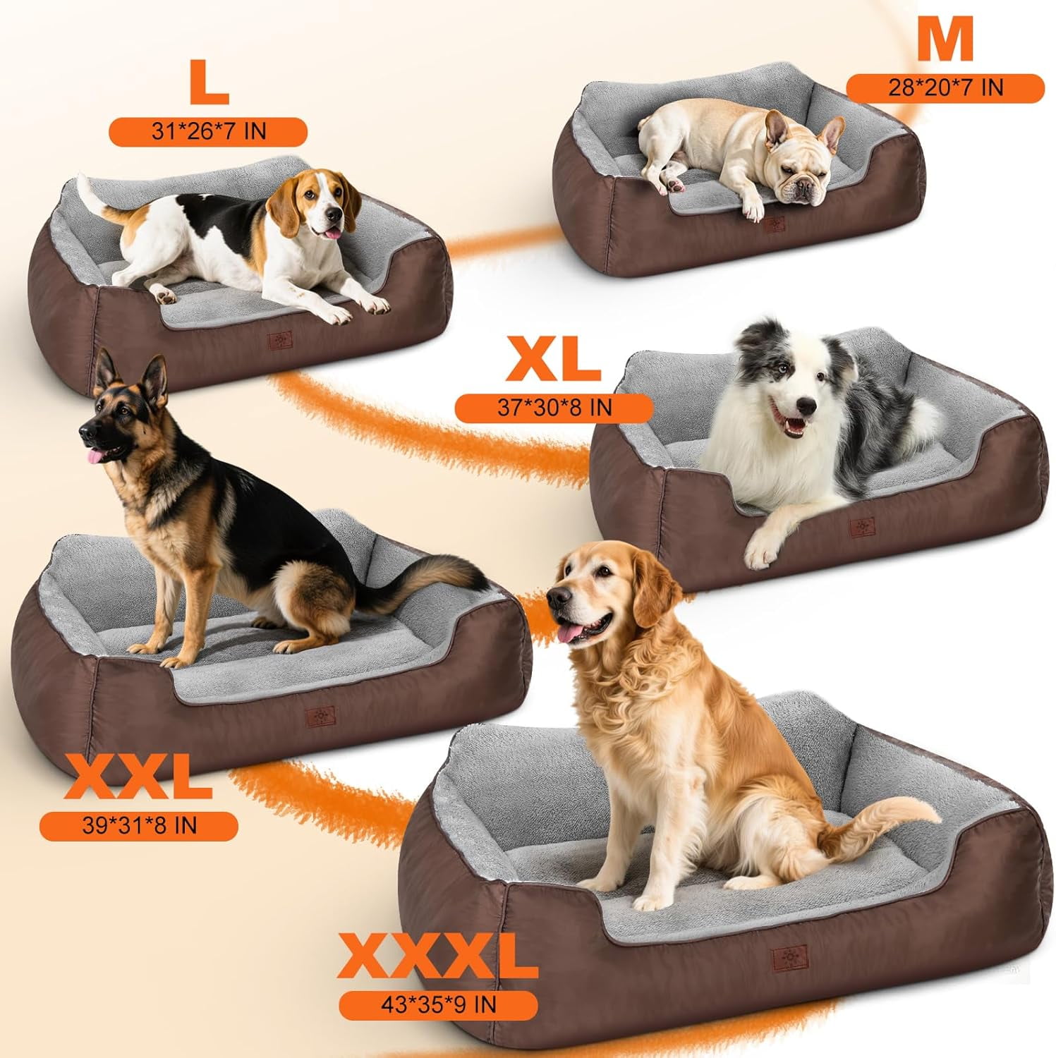 Orthopedic Dog Beds for Extra Large Dogs, Washable Rectangle Dog Couch Sofa Bed with Non-Skid Bottom for Pet Sleeping, 39”x31”x9”, Brown