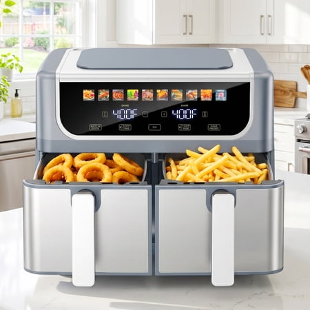Atilioo Dual Basket Air Fryer 9.5QT Fast Meal 10 Presets Cooker with 2 Independent 4.75Qt Basket & Sync Setting Digital Touchcreen Gray